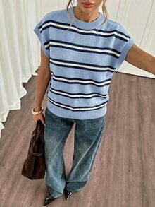 Siren Gaze Women's Striped Round Neck Batwing Short Sleeve Casual Knit Top - Baby Blue - View 6