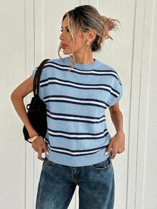 Siren Gaze Women's Striped Round Neck Batwing Short Sleeve Casual Knit Top - Baby Blue - View 3