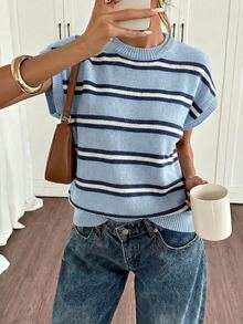 Siren Gaze Women's Striped Round Neck Batwing Short Sleeve Casual Knit Top - Baby Blue - View 1