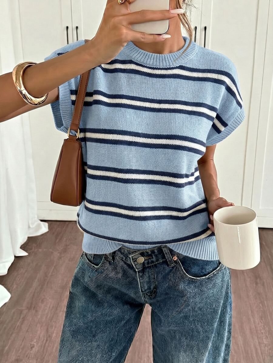 Siren Gaze Women's Striped Round Neck Batwing Short Sleeve Casual Knit Top - Baby Blue - View 1