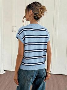 Siren Gaze Women's Striped Round Neck Batwing Short Sleeve Casual Knit Top - Baby Blue - View 2
