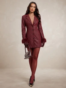 Silquee Fuzzy Cuff PU Leather Blazer Dress - Burgundy - View 9