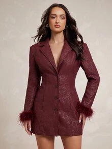 Silquee Fuzzy Cuff PU Leather Blazer Dress - Burgundy - View 5