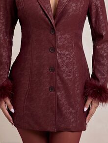 Silquee Fuzzy Cuff PU Leather Blazer Dress - Burgundy - View 8