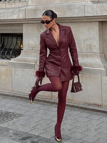Silquee Fuzzy Cuff PU Leather Blazer Dress - Burgundy - View 3