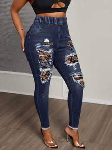 Slaydiva Plus Size Textured Print Leggings, Suitable For Music Festival , Blue Pants, Y2K Style - Multicolor - View 7