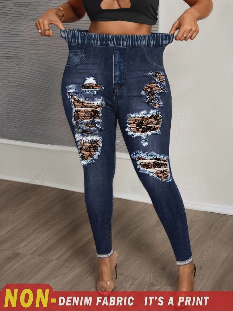Slaydiva Plus Size Textured Print Leggings, Suitable For Music Festival , Blue Pants, Y2K Style