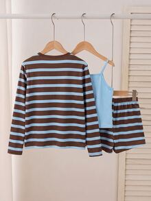 SHEIN Elladie kids 青少年女孩3件套服裝，棕色藍色條紋鈕扣開襟針織外套搭配純色背心與同款短褲套裝，休閒時尚居家服 - 藍色 - 查看 2