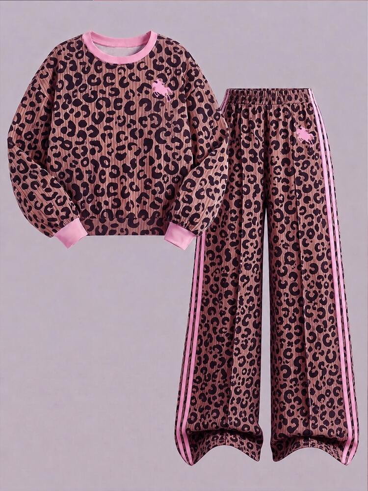 Vintage Fashion Leopard Print Brown & Pink Striped Tween Girl Casual Loose Soft Thick Dropped Shoulder Long Sleeve Crew Neck Pullover Sweatshirt & Wide Leg Sweatpants Set, Suitable For Autumn/Winter Daily, Street, Outdoor, Sports, Campus, Back To School - Multicolor - View 4