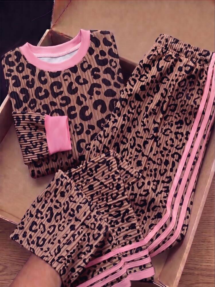 Vintage Fashion Leopard Print Brown & Pink Striped Tween Girl Casual Loose Soft Thick Dropped Shoulder Long Sleeve Crew Neck Pullover Sweatshirt & Wide Leg Sweatpants Set, Suitable For Autumn/Winter Daily, Street, Outdoor, Sports, Campus, Back To School - Multicolor - View 5