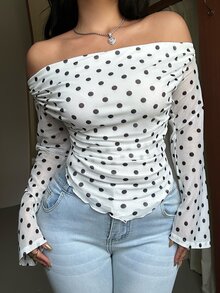 GalTyme 大尺碼女款露肩波點休閒T恤 秋季 - 黑與白 - 查看 1