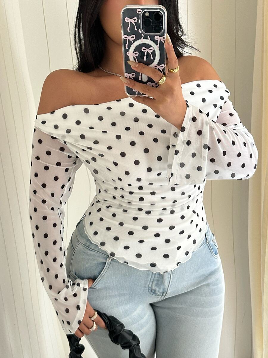 GalTyme Plus Size Women's Off-Shoulder Polka Dot Casual T-Shirt Fall - Black and White - View 1