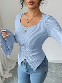 Elenzga Women's Autumn/Winter Fashion Elegant Fitted Asymmetric Metal Decor Button Hem Slit Design Flare Sleeve Simple Solid Color Long Sleeve T-Shirt - Blue - View 4
