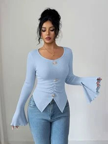 Elenzga Women's Autumn/Winter Fashion Elegant Fitted Asymmetric Metal Decor Button Hem Slit Design Flare Sleeve Simple Solid Color Long Sleeve T-Shirt - Blue - View 3