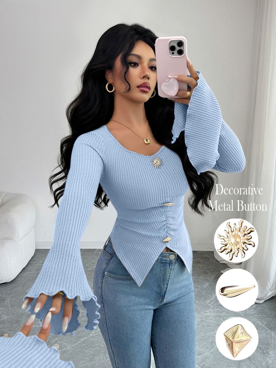 Elenzga Women's Autumn/Winter Fashion Elegant Fitted Asymmetric Metal Decor Button Hem Slit Design Flare Sleeve Simple Solid Color Long Sleeve T-Shirt - Blue - View 1