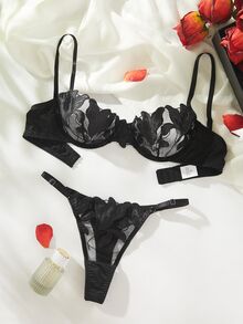 Crystal Vow Floral Embroidered Underwire Bra & Panty Lingerie Set - Black - View 3