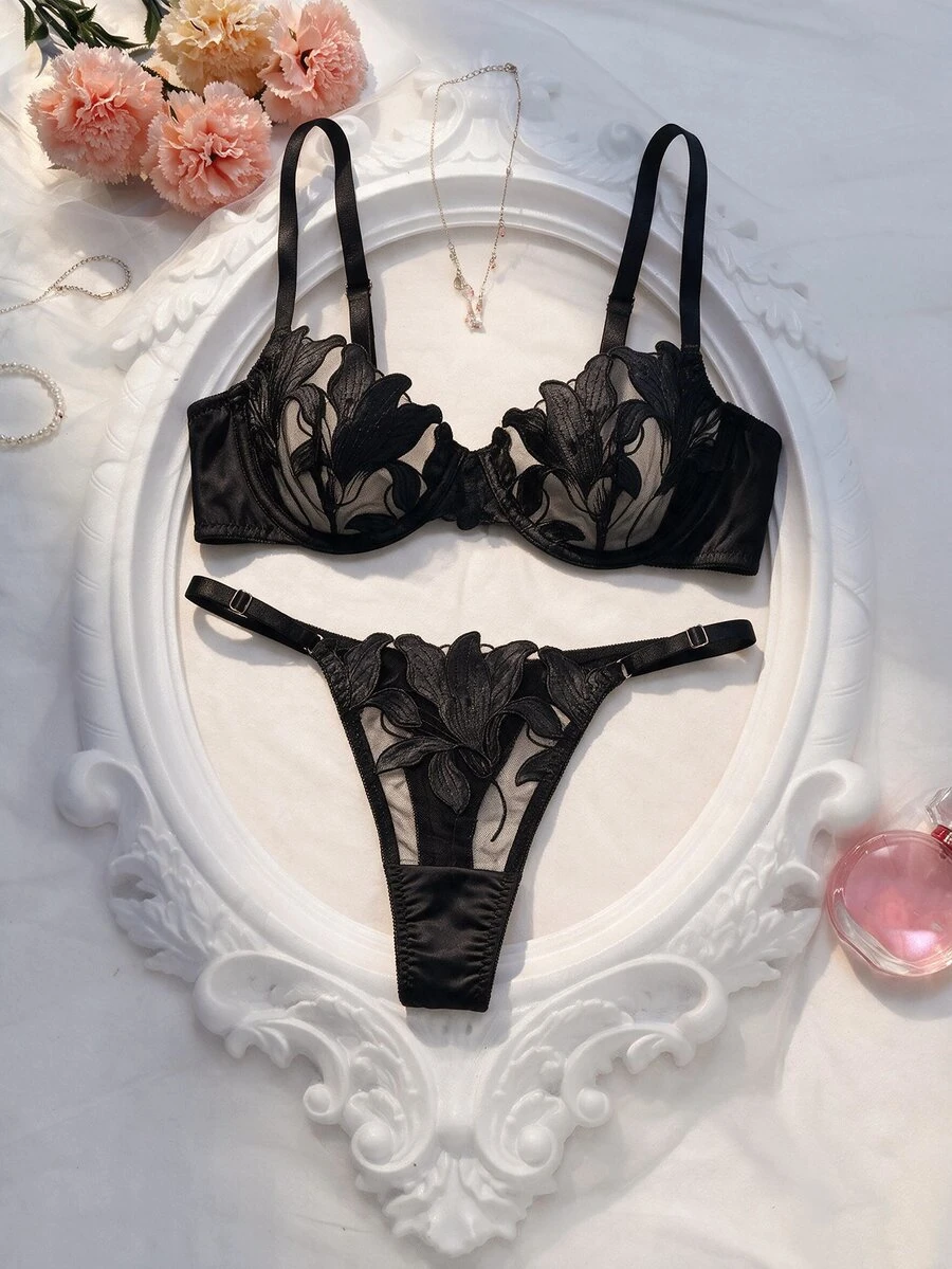 Crystal Vow Floral Embroidered Underwire Bra & Panty Lingerie Set - Black - View 1