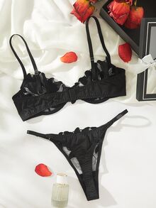 Crystal Vow Floral Embroidered Underwire Bra & Panty Lingerie Set - Black - View 4