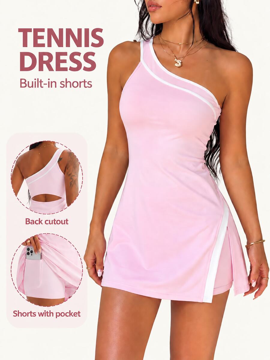 Dewbera Dewbera 1 Set Pink Tennis Outfit, One Shoulder Contrast Trim Dress With Built-In Shorts Sports Summer Wear - Pink - View 1