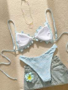 Swim Mod Textured Fabric Ruched Front Tie Bow Waist Pleated Cute Sweet Fashion Lively Party 2-Piece Bikini Set Set - Baby Blue - View 7