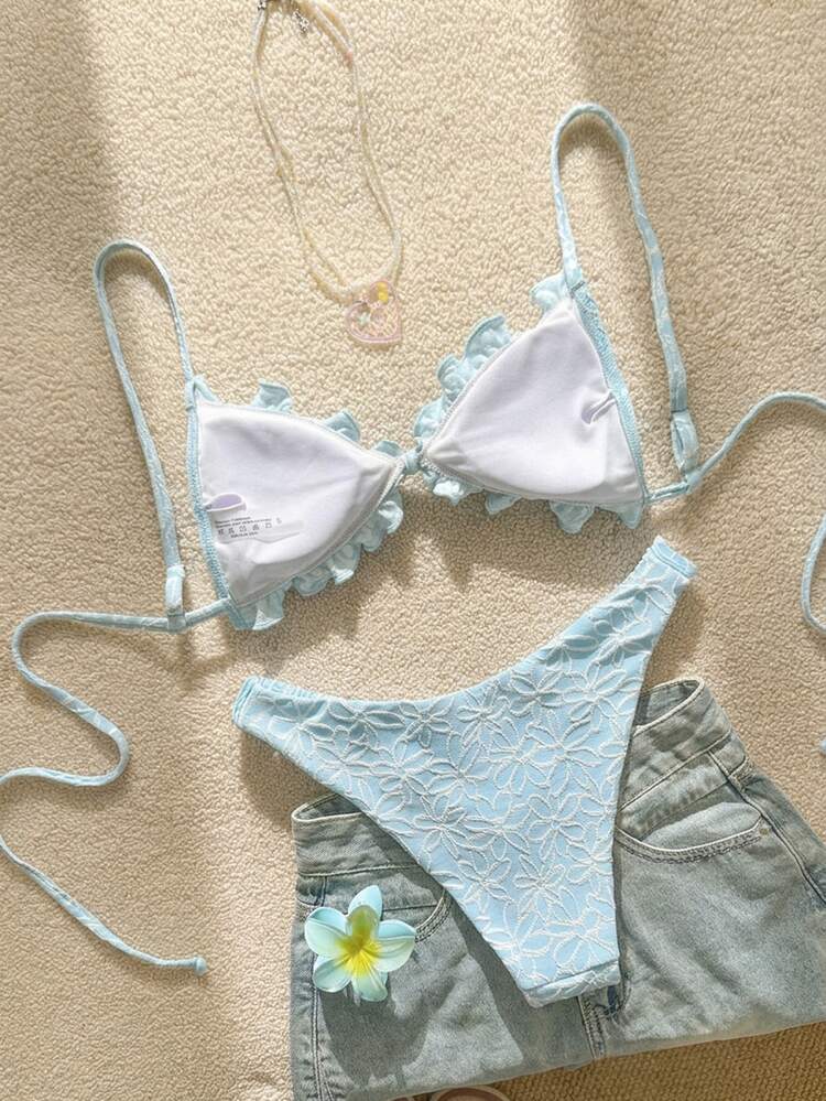 Swim Mod Textured Fabric Ruched Front Tie Bow Waist Pleated Cute Sweet Fashion Lively Party 2-Piece Bikini Set Set - Baby Blue - View 7