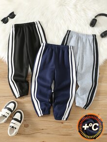 SHEIN 兒童中性款小男孩/小女孩秋冬加厚抓絨休閒時尚運動長褲多件套裝，小男孩冬季下身褲 - 黑與白 - 查看 3
