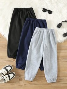 SHEIN 兒童中性款小男孩/小女孩秋冬加厚抓絨休閒時尚運動長褲多件套裝，小男孩冬季下身褲 - 黑與白 - 查看 2