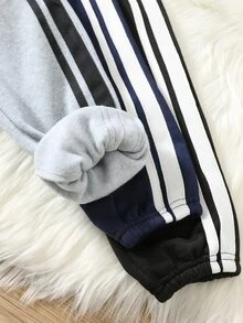 SHEIN 兒童中性款小男孩/小女孩秋冬加厚抓絨休閒時尚運動長褲多件套裝，小男孩冬季下身褲 - 黑與白 - 查看 5