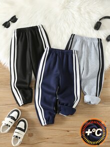 SHEIN 兒童中性款小男孩/小女孩秋冬加厚抓絨休閒時尚運動長褲多件套裝，小男孩冬季下身褲 - 黑與白 - 查看 4