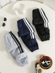 SHEIN 兒童中性款小男孩/小女孩秋冬加厚抓絨休閒時尚運動長褲多件套裝，小男孩冬季下身褲 - 黑與白 - 查看 6