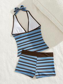 SHEIN Swim 女款性感歐美風音樂節派對大膽前衛戶外夏季海灘簡約休閒度假百搭豹紋對比包邊掛脖比基尼上衣與修身低腰褲兩件式坦克比基尼套裝顯瘦泳衣，適合海灘與海邊 - 彩色 - 查看 8