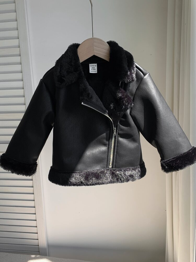 SHEIN Unisex Baby Boy/Girl, Toddler Autumn/Winter Casual Fashion Versatile Thermal Lined Thickened Suede Motorcycle Jacket Coat, Baby Padded Coat, Winter Coat, Fleece, Thickened - Apricot - View 8