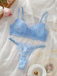 Crystal Vow 2 Pcs Blue Retro Sexy Lingerie Set For Women - Blue - View 5