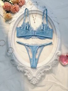 Crystal Vow 2 Pcs Blue Retro Sexy Lingerie Set For Women - Blue - View 2