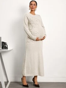 MaterniWear Elegant Maternity Knit Dress Featuring 3D Floral Embellishments, A Round Neck, And Long Sleeves-Perfect For Work Or Commuting. Winter - Beige - View 7