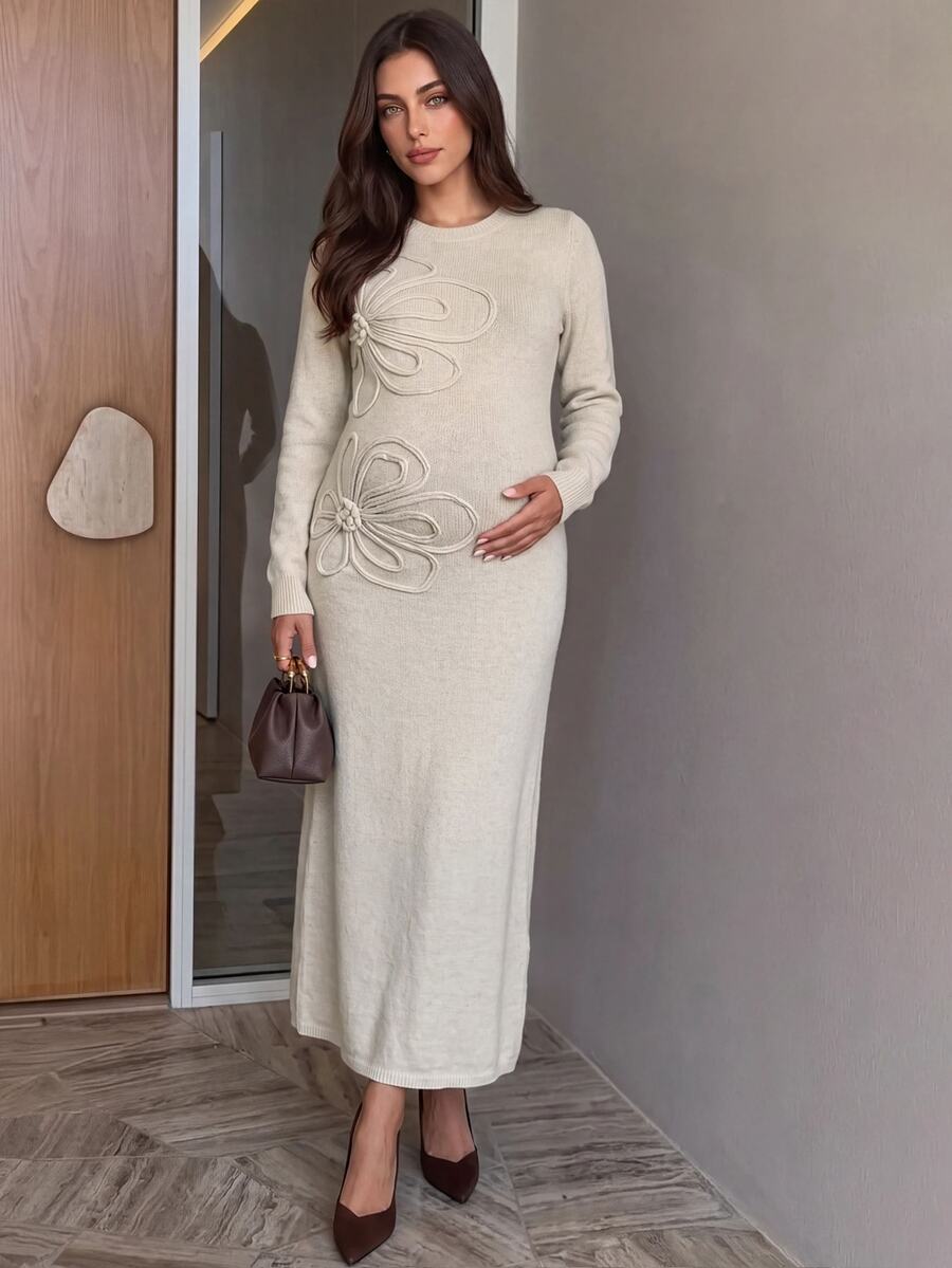 MaterniWear Elegant Maternity Knit Dress Featuring 3D Floral Embellishments, A Round Neck, And Long Sleeves-Perfect For Work Or Commuting. Winter - Beige - View 1