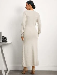 MaterniWear Elegant Maternity Knit Dress Featuring 3D Floral Embellishments, A Round Neck, And Long Sleeves-Perfect For Work Or Commuting. Winter - Beige - View 5