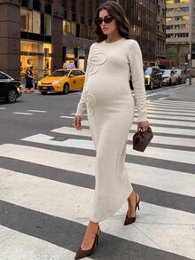 MaterniWear Elegant Maternity Knit Dress Featuring 3D Floral Embellishments, A Round Neck, And Long Sleeves-Perfect For Work Or Commuting. Winter - Beige - View 9
