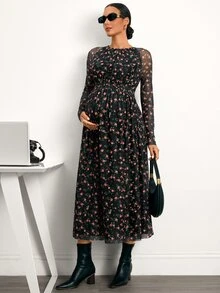 MaterniWear Elegant New Floral A-Line Maternity Dress (Round Neck, Long Sleeve) – Suitable For Work/Commuting (Autumn) - Black - View 2