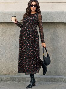 MaterniWear Elegant New Floral A-Line Maternity Dress (Round Neck, Long Sleeve) – Suitable For Work/Commuting (Autumn) - Black - View 4