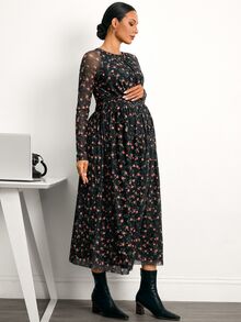MaterniWear Elegant New Floral A-Line Maternity Dress (Round Neck, Long Sleeve) – Suitable For Work/Commuting (Autumn) - Black - View 7