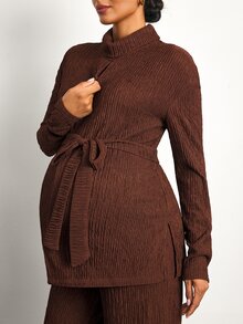 MaterniWear Maternity Two Pieces Set: Brown Side-Slit Top And Trousers (With Nursing Function) – Front-Zip Nursing Access – Elegant Workwear – Autumn Style - Brown - View 9