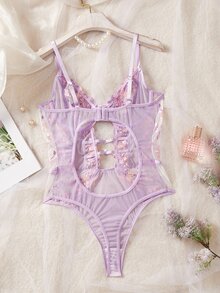 Crystal Vow 1pc Women's Sexy Lingerie Floral Embroidery Mesh Bodysuit - Mauve Purple - View 4