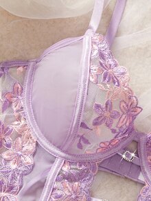 Crystal Vow 1pc Women's Sexy Lingerie Floral Embroidery Mesh Bodysuit - Mauve Purple - View 6