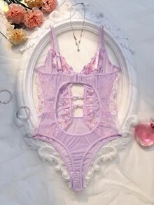 Crystal Vow 1pc Women's Sexy Lingerie Floral Embroidery Mesh Bodysuit - Mauve Purple - View 2