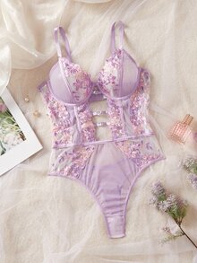 Crystal Vow 1pc Women's Sexy Lingerie Floral Embroidery Mesh Bodysuit - Mauve Purple - View 3