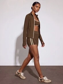 Zivah Women's 3pcs Shades Of Brown Zip-Up Jacket Bra Shorts Sportswear Set Athletic Athleisure Modest Gym Workout Activewear Outfit For Autumn Winter - Brown - View 11