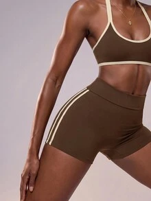 Zivah Women's 3pcs Shades Of Brown Zip-Up Jacket Bra Shorts Sportswear Set Athletic Athleisure Modest Gym Workout Activewear Outfit For Autumn Winter - Brown - View 6