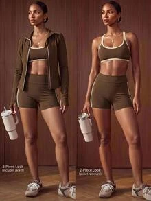 Zivah Women's 3pcs Shades Of Brown Zip-Up Jacket Bra Shorts Sportswear Set Athletic Athleisure Modest Gym Workout Activewear Outfit For Autumn Winter - Brown - View 13