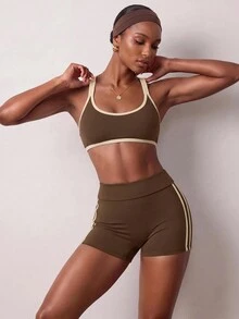 Zivah Women's 3pcs Shades Of Brown Zip-Up Jacket Bra Shorts Sportswear Set Athletic Athleisure Modest Gym Workout Activewear Outfit For Autumn Winter - Brown - View 8